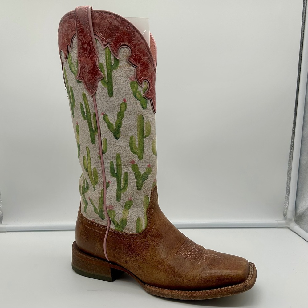 Ariat Fonda Women Cactus Print Leather Boots Wide Square Toe Brown Pink Size 8B - Picture 2 of 13